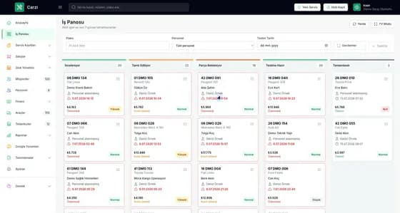 Carzi oto servis iş panosu kanban görünümü