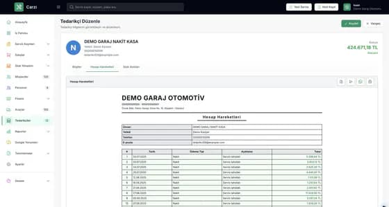 Carzi oto servis nakit kasa hareketleri