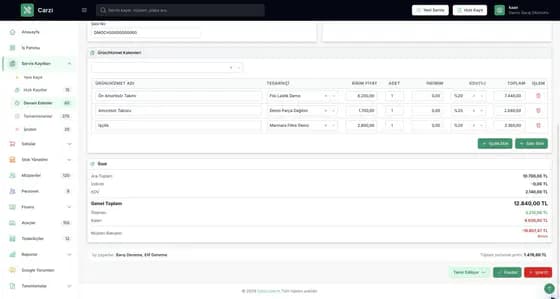 Carzi servis kaydında işlem parça ve tahsilat bilgileri