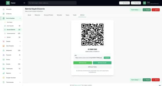 Carzi QR kod araç servis geçmişi ekranı